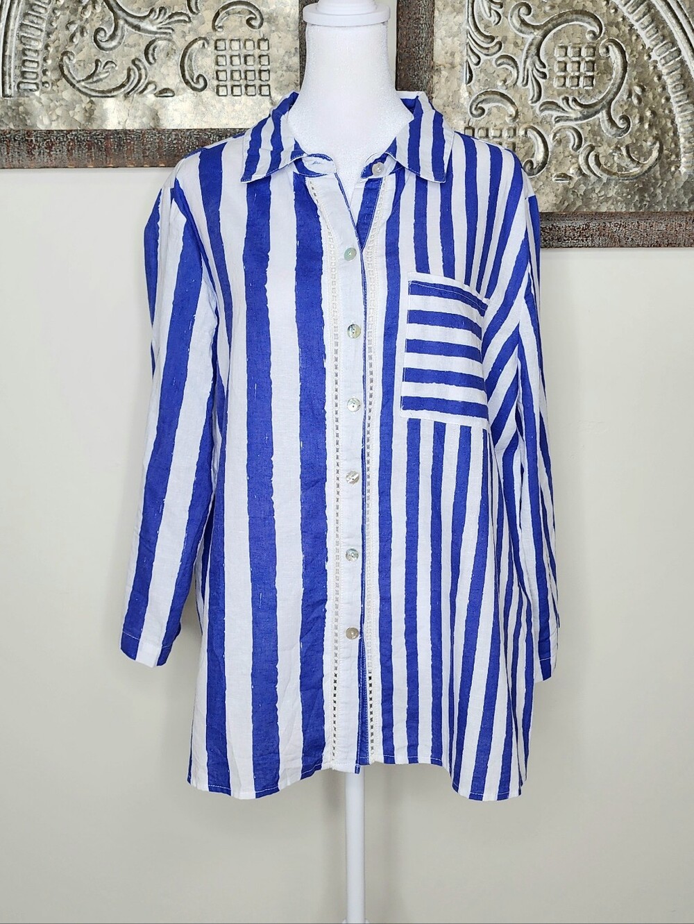 Nuco Cotton & Linen Coastal Vinbrant Blue & White Stripe Button-Down Shirt XL